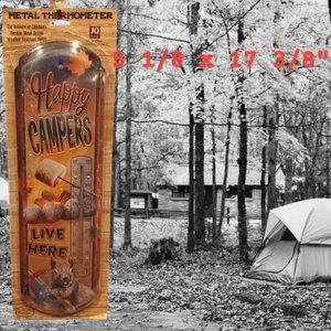 "Happy Campers Live Here" - Retro Large Metal Thermometer - Indoor/Outdoor